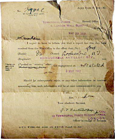 Letter announcing Andrew Lockerbie missing in action