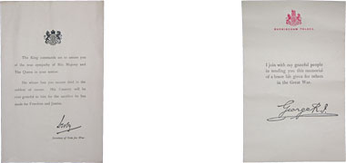 Form letters of sympathy from the Secretary of State for War and the King