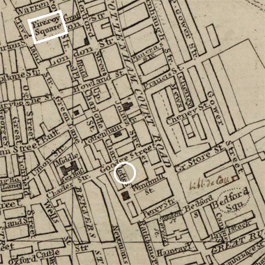 The location of 24 Charlotte Street and Fitzroy Square on Harris&rsquo; plan of 1797 - Public Domain