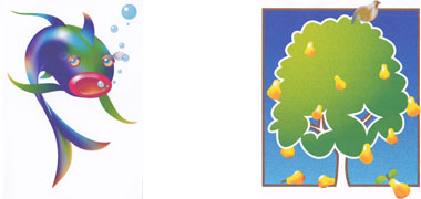 Design of a fish and a partridge in a pear tree