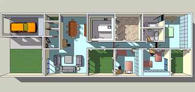 Aerial perspective plan of a 5/6 person courtyard house