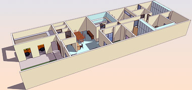 Cutaway aerial perspective of a 5/6 person courtyard house