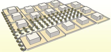 View from inside the basic layout of a SSHP theoretical cluster with date palm trees