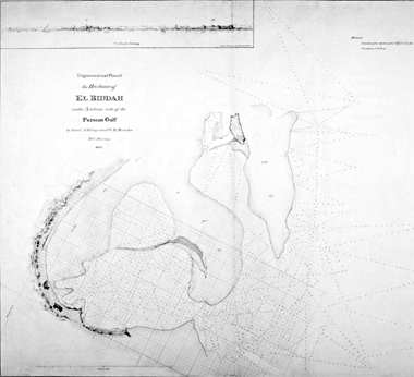 The &lsquo;Trigonometrical plan of the harbour of El Biddah on the Arabian side of the Persian Gulf. By Lieuts. J. M. Guy and G. B. Brucks, H. C. Marine. Drawn by Lieut. M. Houghton&rsquo;. IOR/X/3694 – courtesy of The British Library