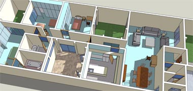 An aerial view illustrating standard furniture