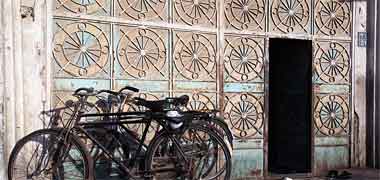A steel gate on an urban property