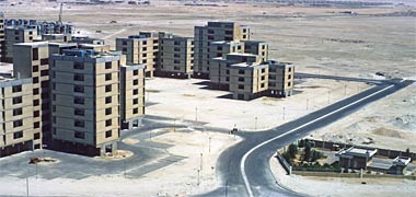 An aerial view looking down on a corner of the Candilis intermediate staff housing project, 1981