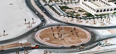 An aerial view of the construction of a roundabout on the Corniche adjacent to the Ministry of Information