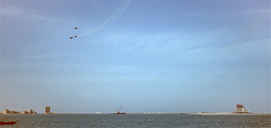 A view towards the NDOD showing the Qatar Petroleum Headquarters building and the Intermediate Staff housing on the left and the Hotel and Conference Centre on the right, 1980