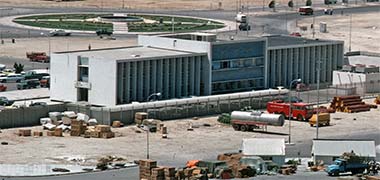 An aerial view looking south-west at the Port Authority building, 1974