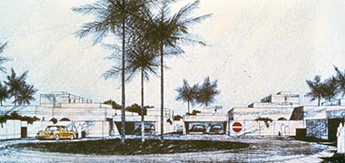 A perspective sketch of housing at Umm Said – © TAC, The Architects Collaborative, image courtesy Aga Khan Documentation Center at MIT